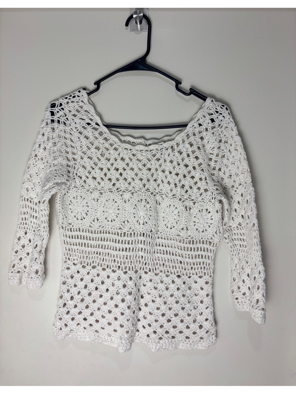 Lucky Brand Women’s M White Crochet Sweater Top Boho Y2K Back Button Cotton